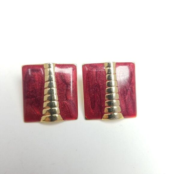Vintage Red and Gold Tone Enamel Square Stud Earrings, Retro 80s Style - Picture 1 of 6